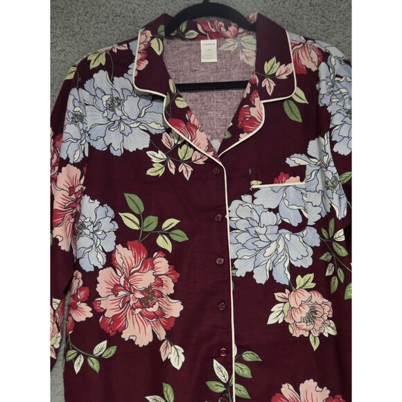 Liz Claiborne Cotton Pajama Set Womens M Burgundy Floral Button Front Warm LS - Picture 4 of 13